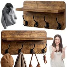 2er Set Wand-Kleiderstange mit Ablage, 40x20 cm Oberes Regal mit 8 glatten Haken, Wandgarderobe Organizer für Eingang Flur Schlafzimmer & Wohnzimmer - Braun - Übersicht 8
