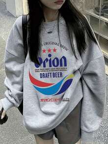 Women's Fashion Autumn/Winter Loose Casual Versatile Letter & Cartoon Print Crew Neck Sweatshirt - Dark Gray - View 1