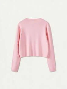 FOR BEAUTY Women's Pink Knitted Cardigan, Round Neck Button Long Sleeve Cropped Slim Fit Soft Jacket Fall - Lotus Powder - View 8