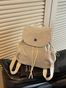 Cream Checked Gingham Print Rucksack, Drawstring Flap Design Large Capacity, For School Daily Travel, Round Metal Buckle Casual Bookbag - Multicolor - View 4