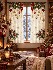 2pcs Christmas Printed Curtains, Festive Spandex Window Panels With Red Bow, Pine Garland, Ornament, Star And Snowflake Pattern, Light Filtering Rod Pocket Drapes For Living Room, Study, New Year Winter Decor - A - View 3