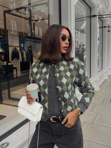 Senya 2026 Women's Diamond Pattern Knit Cardigan, Green-Grey Round Neck Button Sweater, With Pockets, College Style Vintage Comfortable Long Sleeve Autumn/Winter Top - Army Green - View 1