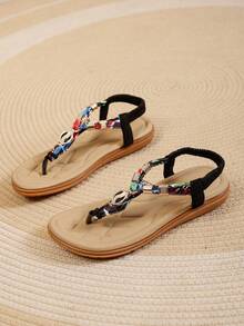Women's Bohemian Style Floral Pattern Rhinestone Decor T-Strap Flat Sandals, Elastic Back Summer Beach Shoes - Black - View 2