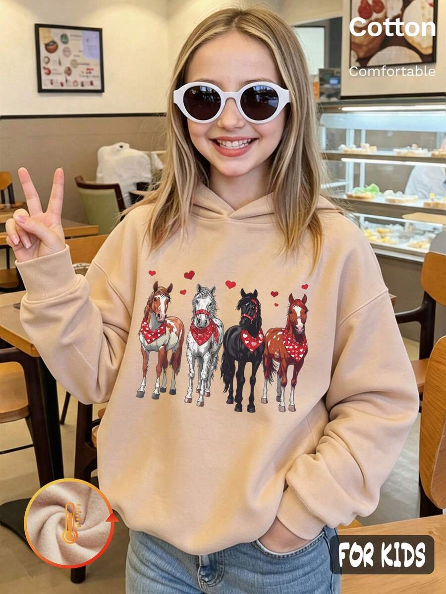 Autumn Winter Girls Fleece Hoodie With Four Horses Print Red Hearts Y2K - Apricot - View 1