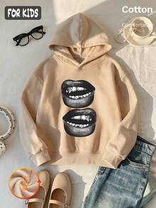 Autumn Winter Girls Fleece Hoodie With Black Lips Print On White, Long Sleeve Y2K - Apricot - View 3