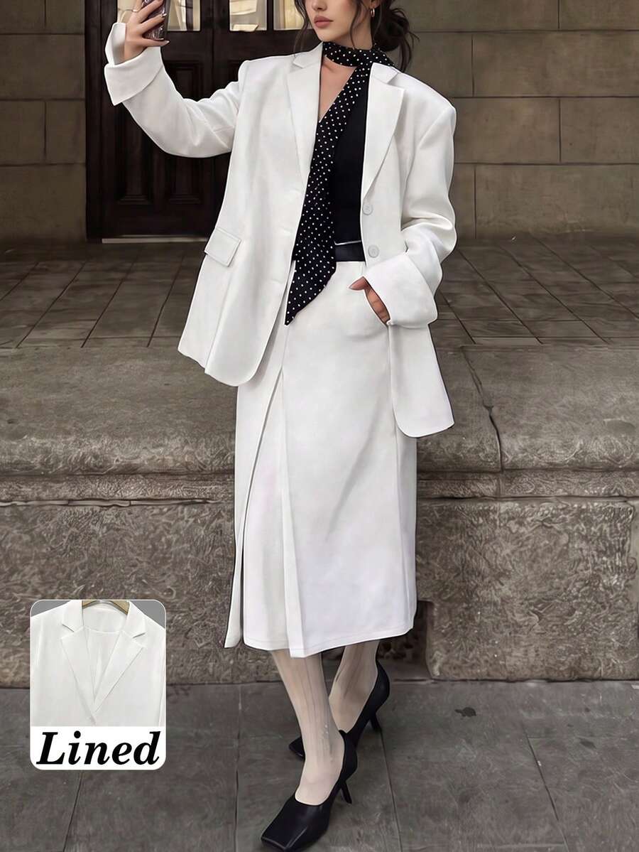 Set Blazer Lengan Panjang Wanita Warna Polos Musim Gugur/Dingin, Berlapisan, Berbantalan Bahu, Ukuran Besar, Bahu Lebar, Kancing Tunggal, dan Lipatan Manset & Rok Lipit Lurus Panjang Sedang - Putih - View 1