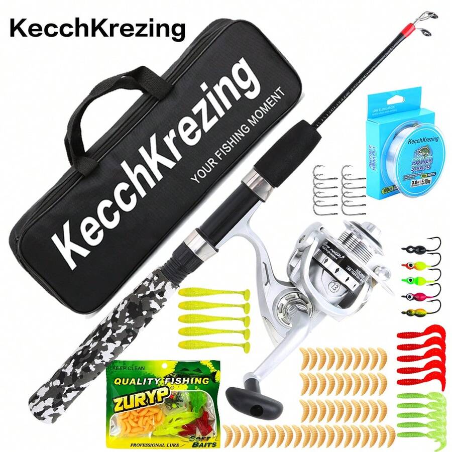 KecchKrezing Fishing Set Telescopic Ice Fishing Rod With Ceramic Guides Smooth Line Casting EVA Anti-Slip Handle Spinning Reel Metal Spool Smooth Line Retrieval Lure Bait Strong Fishing Line Tackle Bag Storage