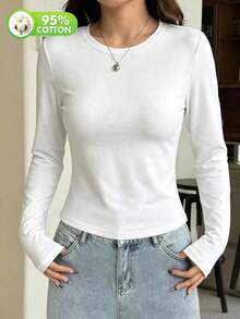 Kaos Wanita Lengan Panjang Leher Bulat, Potongan Slim Fit Regular Putih Kasual Dasar - Putih - View 2