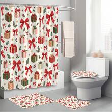 1pc/4pcs Large Bow Gift Box Pine Branch & Star Pattern Multi-Functional Bathroom Decor Shower Curtain Set, Free 12 Hooks, Premium Holiday Atmosphere, Bathroom Mat, U-Shaped Floor Mat And Round Toilet Lid Cover, Suitable For All Occasions, Bathroom Set - Gift Box With Large Bow, Pine Branches, and Stars - View 9