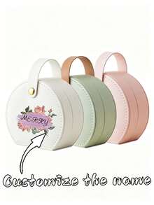Elegant Style PU Leather Round Jewelry Box, Portable Mini Case With Handle Custom Text & Floral Print Design, Divided Compartments For Rings Earrings Necklaces, Travel Jewellery Storage Case For Wedding, Birthday Gift, Daily Use & Vacation - Multicolor - View 5