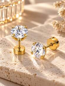 VceTd 12PCS French Elegant Style Stainless Steel Stud/Hoop Earrings Set With Embellished Decor, Multiple Styles, Suitable For Banquet Or Wedding Wear - Yellow Gold - View 7