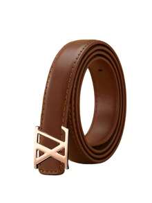 Women's PU Thin Belt, Geometric Cross Letter Design Metal Buckle Leather Belt, 43 Inch Versatile Decorative Waist Belt - Multicolor - View 8