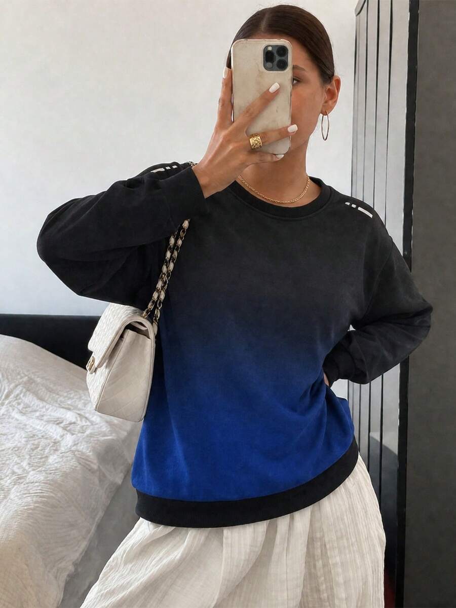 Women's Gradient Long Sleeve Athletic Sweatshirt, Crew Neck Ribbed Cuff Training Top For Fitness And Daily Casual Wear - Black - View 1