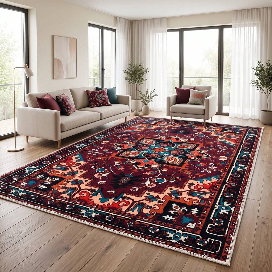 Washable Modern Minimalist Patterned Area Rug – Scandinavian Geometric Design, Contemporary Washable Carpet For Living Room, Bedroom & Home Decor - Coffee Brown - View 1