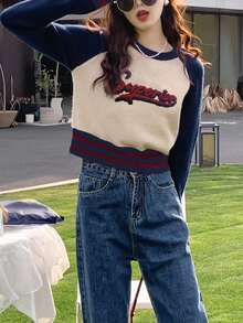 Sweater Leher Bulat Gaya Kampus Amerika Minimalis Kasual Wanita - Krem - View 3