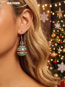 Christmas Ball Pendant Earrings For Women, White Snowflake Print Design, Silver Hook, Exaggerated Holiday Style - Green Stripes - View 1