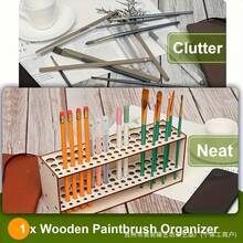 1pc Large Capacity 65-Slot Wooden Brush And Makeup Brush Organizer, Detachable Design, Desktop/Wall-Mounted Storage Rack, Khaki Polished Surface, Suitable For Art Studio, Beauty Salon And Home Storage, Space-Saving Brush Organizer - Multiple Styles - View 3