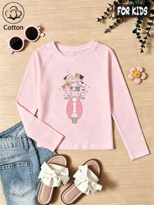 Girls' Cotton Raglan Sleeve Long Sleeve T Shirt, Fall & Winter Style, Cute Cartoon Riding Cat Print, Sweet Lovely Girls' Academia Style - Baby Pink - View 1