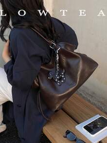 low tea 1pc Fashion PU Fabric Shoulder Tote Bag Suitable For Commuting, Shopping, Etc. (With Pendant) - Coffee - View 13