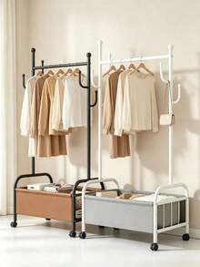 1pc Metal Garment Rack With Storage Basket, Mobile Clothes Rack With Wheels, Multi Hooks, Large Storage Space, Stable Structure, Space Saving, Freestanding Clothing Organizer, Suitable For Bedroom, Living Room, Dormitory And Apartment. - Multicolor - View 3