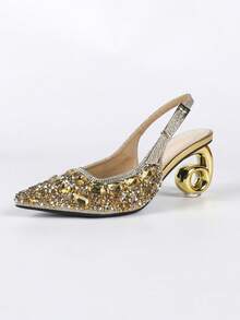 Women's Gold Rhinestone Open-Back High Heels, Pointed Toe Shiny Crystal Evening Shoes, Comfortable Fit, Suitable For Parties, Weddings, Dinners And Proms - Gold - View 5