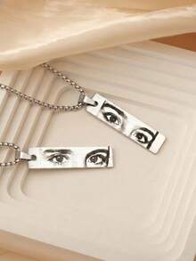 Men's Customized Girlfriend Eye Photo Long Bar Pendant, Laser Engraved Eye Photo Square Plate Necklace, Stainless Steel Corn Chain Eye Pendant - Multicolor - View 5