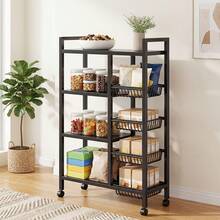 EZIFY Metal Rolling Kitchen Storage Rack With Spice Jars, Adjustable Cabinet Organizer, Space-Saving For Utensils/Pots/Pans, Dish Rack. - Black - 4-tier 4-basket - View 12