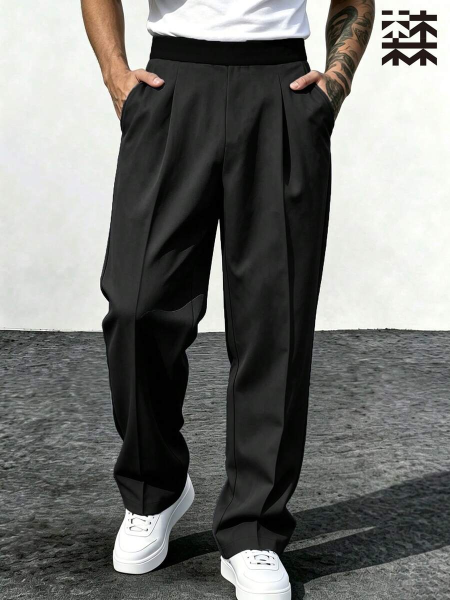 mulinsen Men's High Waist Elastic Double Pleated Wide Leg Suit Pants, Draped Loose Solid Color Casual Trousers, Versatile Commuter Style - Black - View 1
