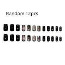 12pcs Random Short Square Mysterious Black Vine Rhinestone Press-On Nails, Suitable For Women And Girls, Includes Jelly Glue And Nail File - Black - View 7