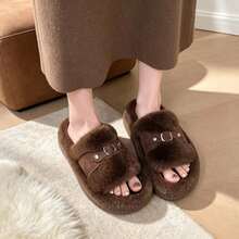 Women Fuzzy House Slippers, Plush Open‑Toe Slides With Metal Buckle, Thick Sole Warm Indoor Home Slippers For Fall Winter - Coffee - View 4