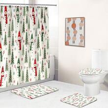 1pc/4pcs Tall Long Scarf Snowman Vertical Pine Tree Pattern Multifunctional Bathroom Decor Shower Curtain Set, Free 12 Hooks, Premium Holiday Atmosphere, Bathroom Mat, U-Shaped Rug And Round Toilet Lid Cover, Suitable For All Scenes Decoration Bathroom Set - Tall Scarf Snowman Vertical Pine Tree - View 7