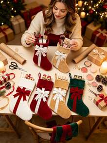 1pc Velvet Christmas Stocking With Classic Bow, Spacious Interior For Cosmetics, Candy And Small Gifts, Perfect Hanging Decoration For Fireplace, Christmas Tree And Home - Multicolor - View 4