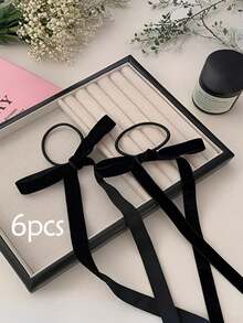 6pcs Black Hair Ties With Ribbon Bow Hair Clips Hair Ropes Back Of Head Hair Accessories Black Swan Style For Girls - Black - View 6