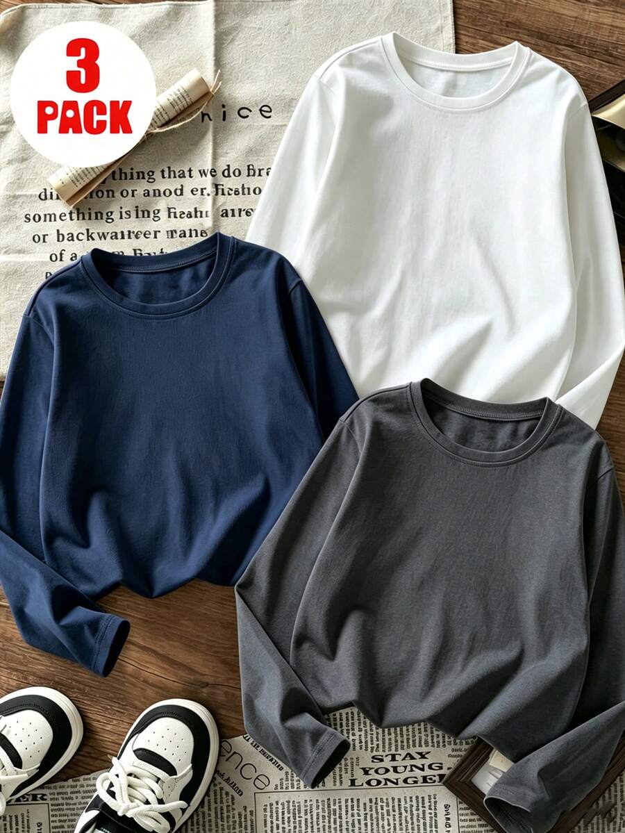 Tween Girl 3pcs Printed Long Sleeve T-Shirt, Suitable For Tween GirlsAutumn/Winter Tops, Young Student Children's Clothing, Suitable For Outerwear And Layering - Multicolor - View 1