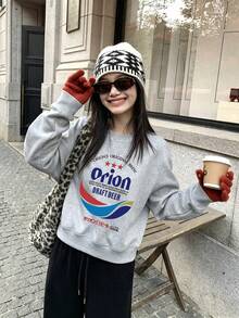 Women's Fashion Autumn/Winter Loose Casual Versatile Letter & Cartoon Print Crew Neck Sweatshirt - Dark Gray - View 2