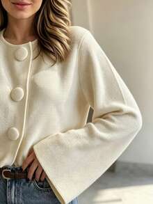 Women's Autumn/Winter French Gentle Style Round Neck Large Button Knit Cardigan, Loose Long Sleeve Bell Sleeve Elegant Versatile Crop Top - Off-white - View 6