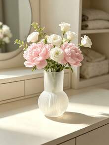 1pc Vertical Stripe Semi-Transparent Vase, Round Bulbous Shape, Soft Pink And White Dual Color Options, Transparent Texture, Stable Bottom Anti-Tip, Living Room Bedroom Desktop Soft Decor, Atmospheric Home Ornament, Exquisite Gift Item - Translucent - View 8