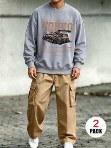 2pcs/Set Crew Neck Sweatshirt And Cargo Pants Outfit For Teen Boys, American Street Style Modified Racing Car Print Crew Neck Sweatshirt And Cargo Pants Matching Set, Suitable For Autumn/Winter Daily Wear - Multicolor - View 11