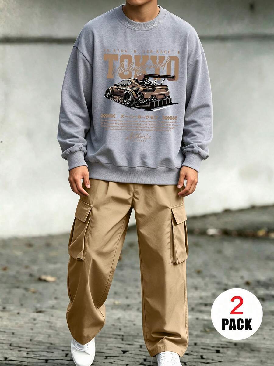 2pcs/Set Crew Neck Sweatshirt And Cargo Pants Outfit For Teen Boys, American Street Style Modified Racing Car Print Crew Neck Sweatshirt And Cargo Pants Matching Set, Suitable For Autumn/Winter Daily Wear - Multicolor - View 1
