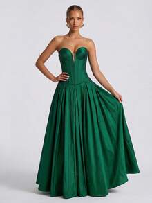 LOVE&LEMONADE Women's Green Sexy Strapless V-Neck Mesh Patchwork Open Back Criss-Cross Tie Back Long Party Evening Gown - Green - View 3