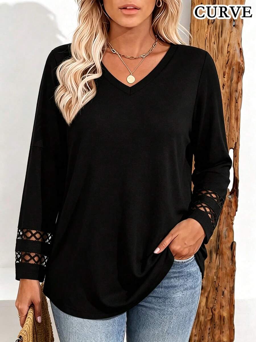 Plus Size Women's V-Neck 3/4 Sleeve Casual Loose Fit Top - Black - View 1