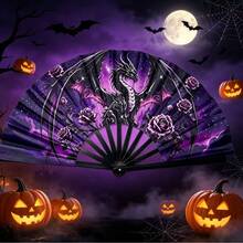 Halloween Gothic Bat Gargoyle Print Folding Hand Fan, Plastic Black Ribs Style 1pc, Dark Mysterious Style Decorative Cooling Fan, Suitable For Theme Parties, Daily Outings And Gothic Style Events - A - View 13