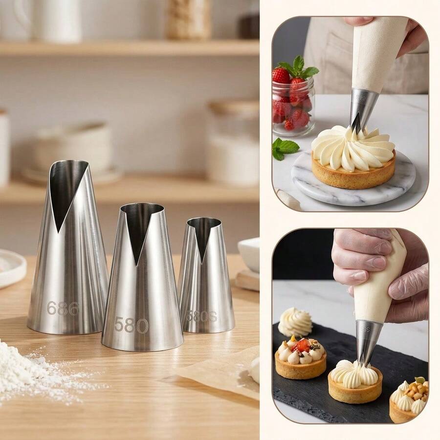 3pcs Stainless Steel Easy-To-Use V-Shaped Wavy Cake Decorating Piping Tips, Large + Medium + Small, Saint-Honoré Cake & Cookie Decorating Stainless Steel Tubular Piping Tips - Multicolor - View 1