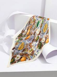 1pc New Watercolor Style Large Floral Pleated Silk Scarf, Satin Pointed Triangular Bandana, Spring/Summer Outfit Accessory, Bag Decoration Small Scarf - Multicolor - View 9