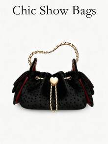 Women Shoulder Bucket Bag,Dotted Print,Faux Fur Fabric,Heart Gold Lock & Chain Strap,Drawstring Closure,Cute Retro Style,Autumn Party - Black - View 1