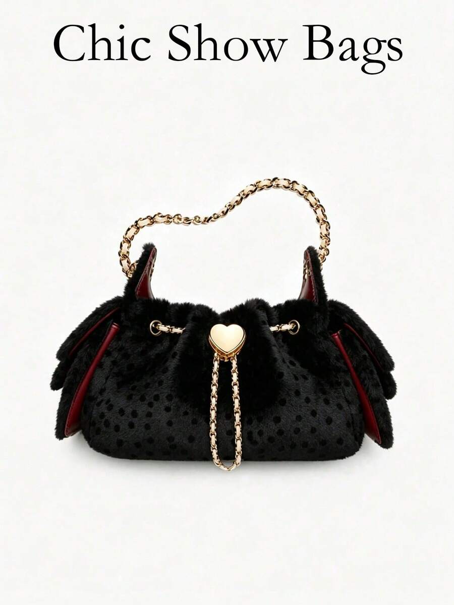 Women Shoulder Bucket Bag,Dotted Print,Faux Fur Fabric,Heart Gold Lock & Chain Strap,Drawstring Closure,Cute Retro Style,Autumn Party - Black - View 1