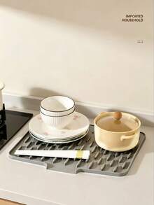 1pc Large Non-Slip Silicone Kitchen Sink & Countertop Drainage Mat, 15.75x11.81 Inches, Built-In Drainage Design, Dish Rack & Space-Saving Storage Box, Easy To Clean Black & Gray Color, Suitable For Refrigerator, Stove, Sink (Modern Kitchen Use), Minimalist Design, Non-Slip Surface, Countertop Protection Mat - Multicolor - View 11