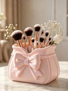 1pc 3D Printed Pink Bow Makeup Brush Storage Bucket, Cosmetic Beauty Product Storage Box, Multifunctional Desktop Pen Holder, Makeup Bag Shaped Beauty Display Stand, Dressing Table Makeup Tool Storage Box, Bathr - Pink - View 2