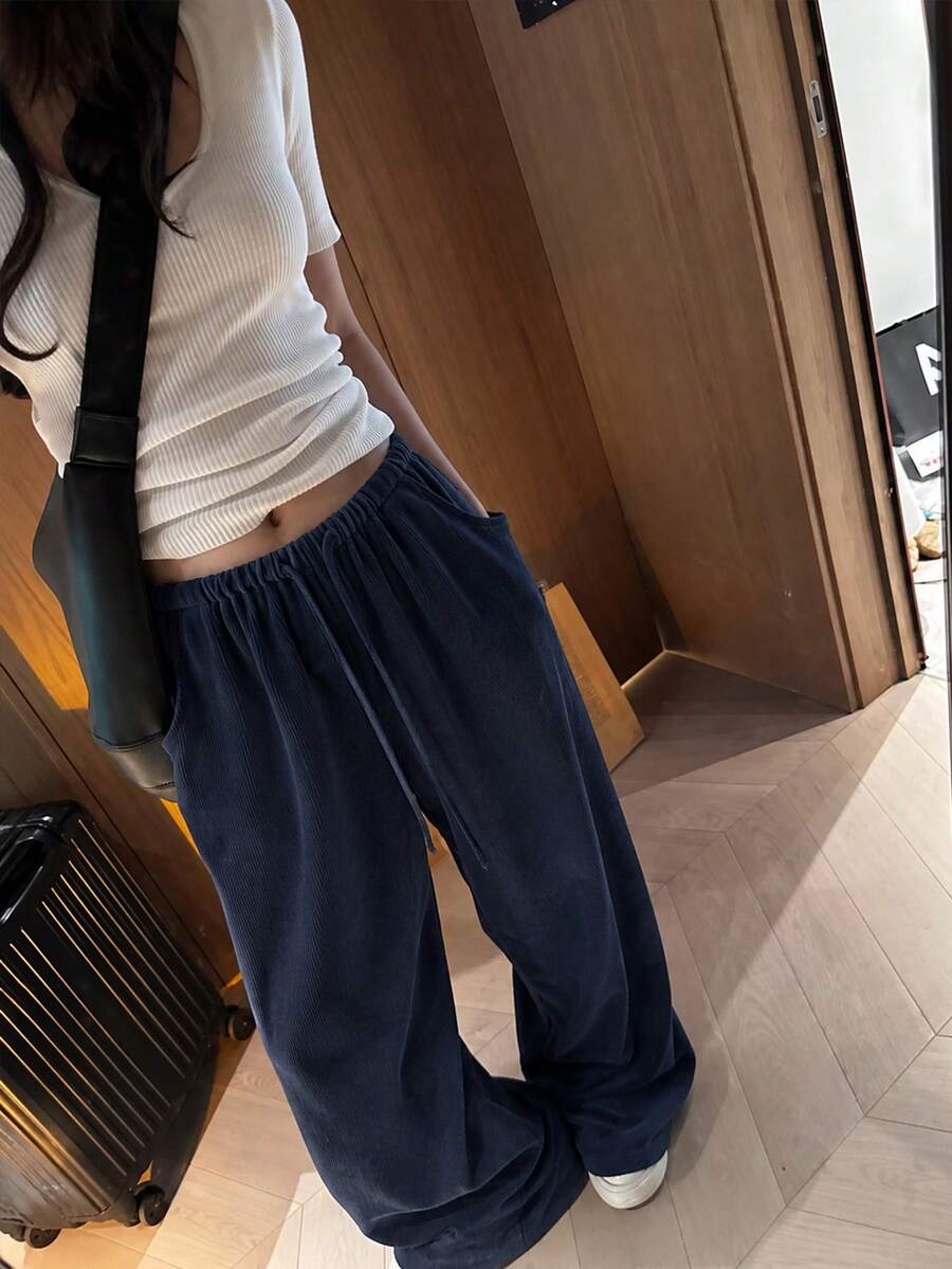 Women's Autumn/Winter Fashion Loose Fit Versatile Corduroy Drawstring Waist Casual Long Pants - Navy Blue - View 1