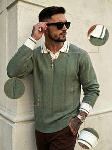 Lookun Men's Knitted Polo Collar Loose Fit Minimalist Casual Commute Patchwork Sweater, Autumn/Winter - Green - View 2